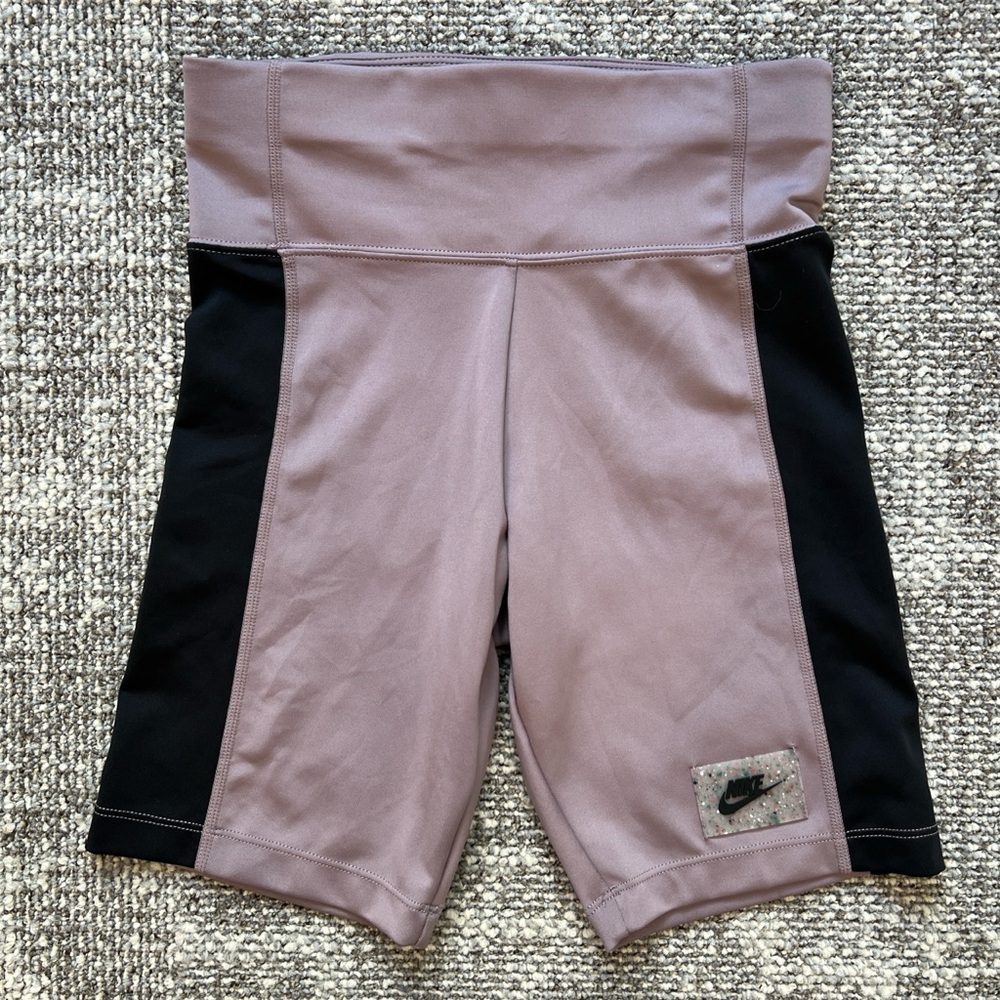 Nike Mauve and Black High-Waist Bike Shorts with Logo Patch